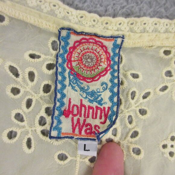 Johnny Was Eyelet Embroidered Tunic Top Dress size L Sheer Fairy Whimsy Boho - Picture 2 of 7